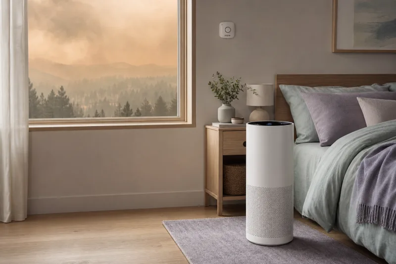 Jaspr-style air scrubber in a calm bedroom during wildfire smoke season